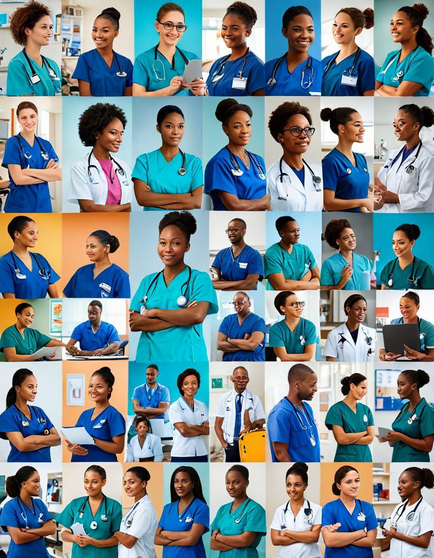A vibrant collage depicting various healthcare professionals including doctors, nurses, paramedics, and administrative staff in action, set in different NHS environments like hospitals, clinics, and community health settings, showcasing diversity and teamwork. Bright and dynamic scenes with a focus on inclusivity and modern medical technology. super-realistic. vibrant colors.