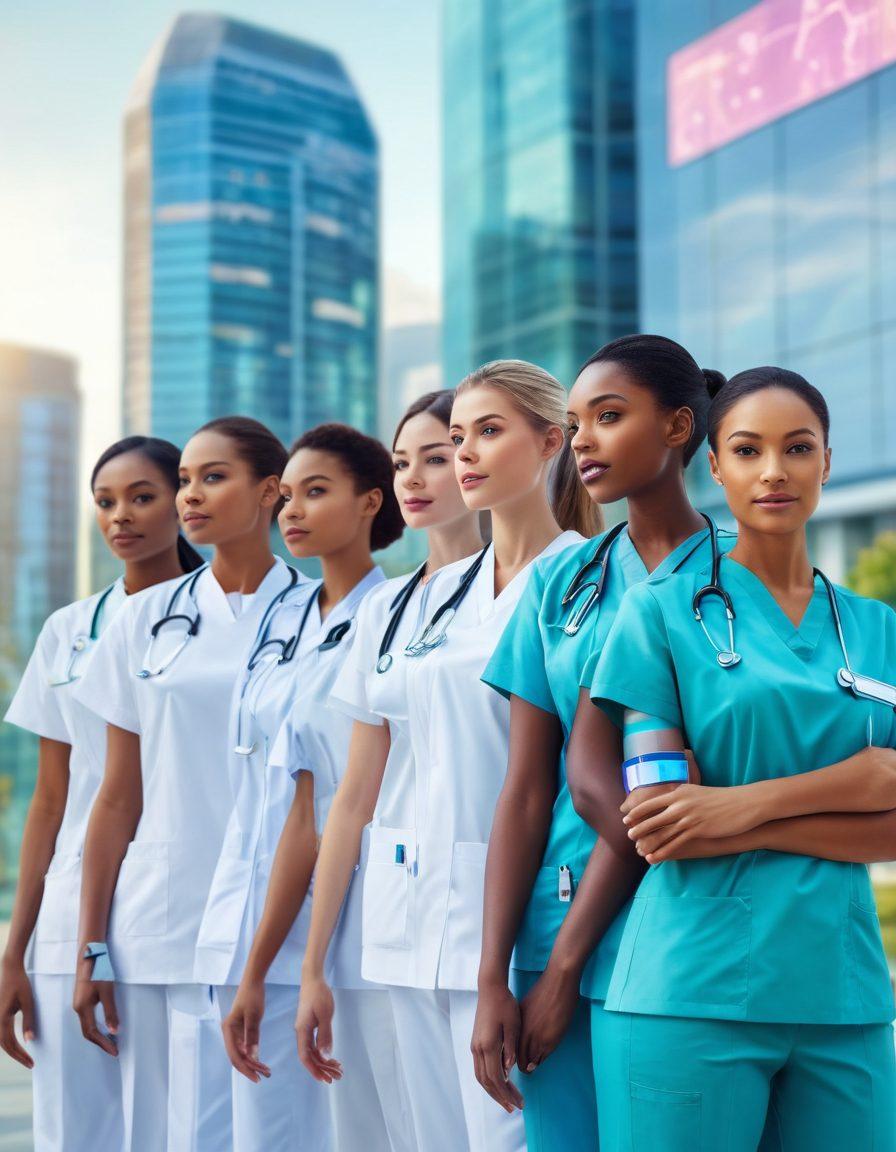 A diverse group of nurses and doctors in modern medical uniforms standing in front of a futuristic hospital, with elements suggesting progress and technology, like holographic charts and robotic assistants. The background shows a healthy, thriving city skyline. super-realistic. vibrant colors. clean and professional look.