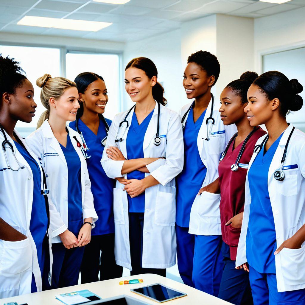 A diverse group of healthcare professionals, including doctors, nurses, and technicians, enthusiastically working together in a modern hospital setting. The image should depict various NHS uniforms and medical equipment, emphasizing teamwork and compassion. Add subtle references to career growth and opportunities, like a career ladder or a whiteboard showing future goals. super-realistic. vibrant colors.